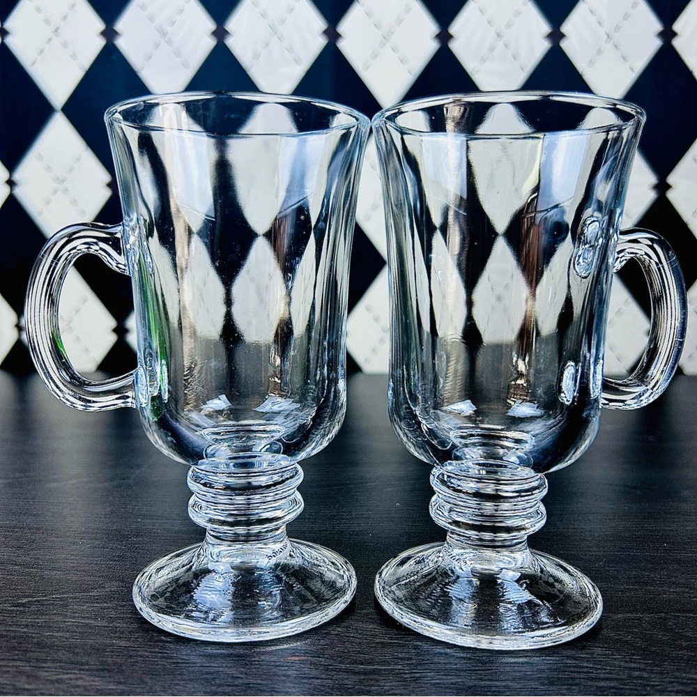 Pair Pedestal Glass Coffee Mugs with Faceted Body And Handle - Picture 8 of 9